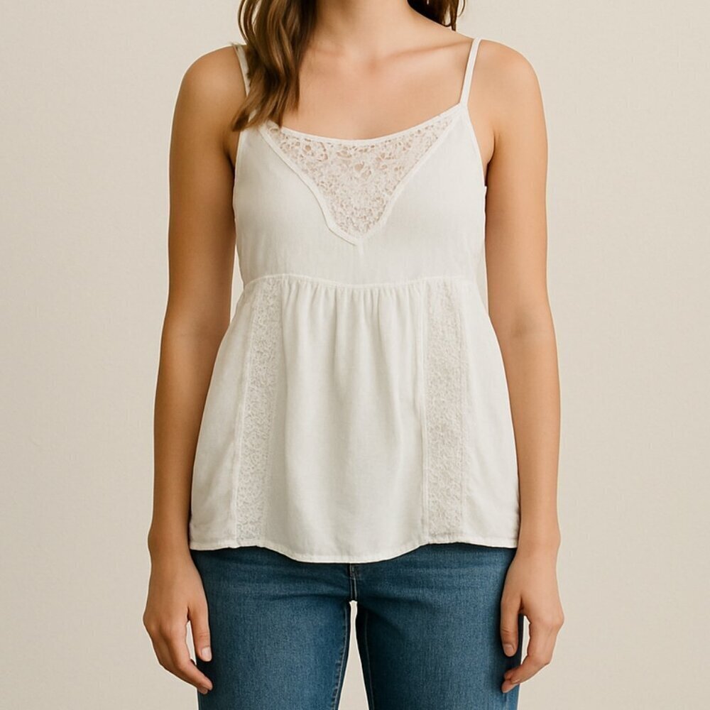 Jolie & Joy White Lace Linen Blend Tank Top Medium Boho Cottagecore Style